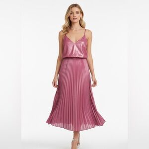 Sam Edelman Metallic Fuchsia Pleated Midi Dress Spaghetti Strap VNeck Sz 2